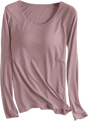 Womens Sleep and Lounge Pajamas Tops Long Sleeve Crewneck Lightweight Tee Built in Bra Ladies Sleep Shirts