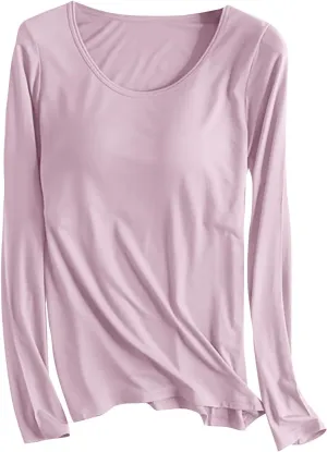 Womens Sleep and Lounge Pajamas Tops Long Sleeve Crewneck Lightweight Tee Built in Bra Ladies Sleep Shirts