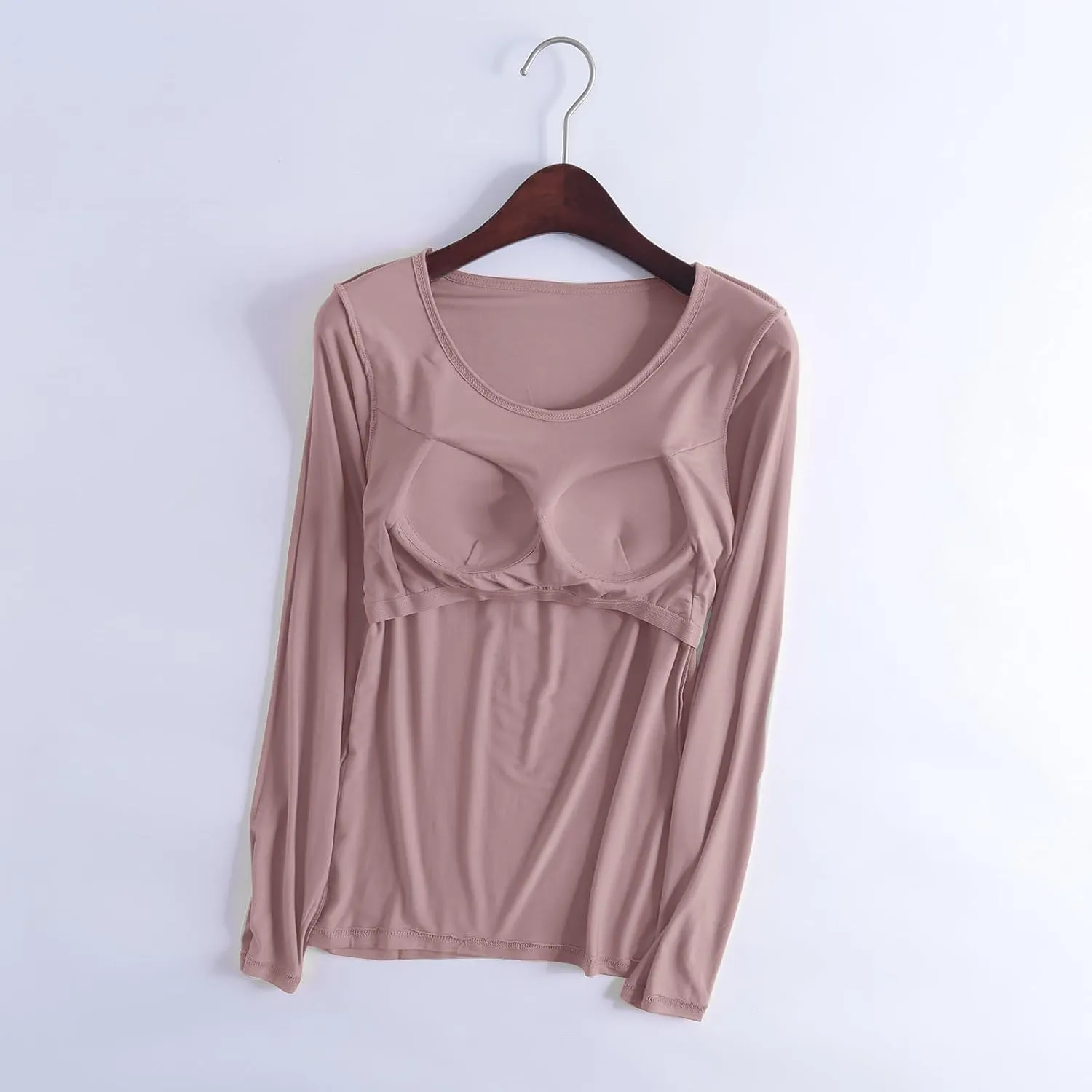 Womens Sleep and Lounge Pajamas Tops Long Sleeve Crewneck Lightweight Tee Built in Bra Ladies Sleep Shirts