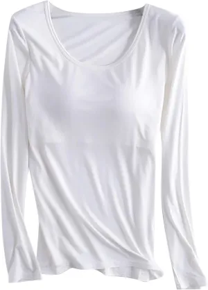 Womens Sleep and Lounge Pajamas Tops Long Sleeve Crewneck Lightweight Tee Built in Bra Ladies Sleep Shirts