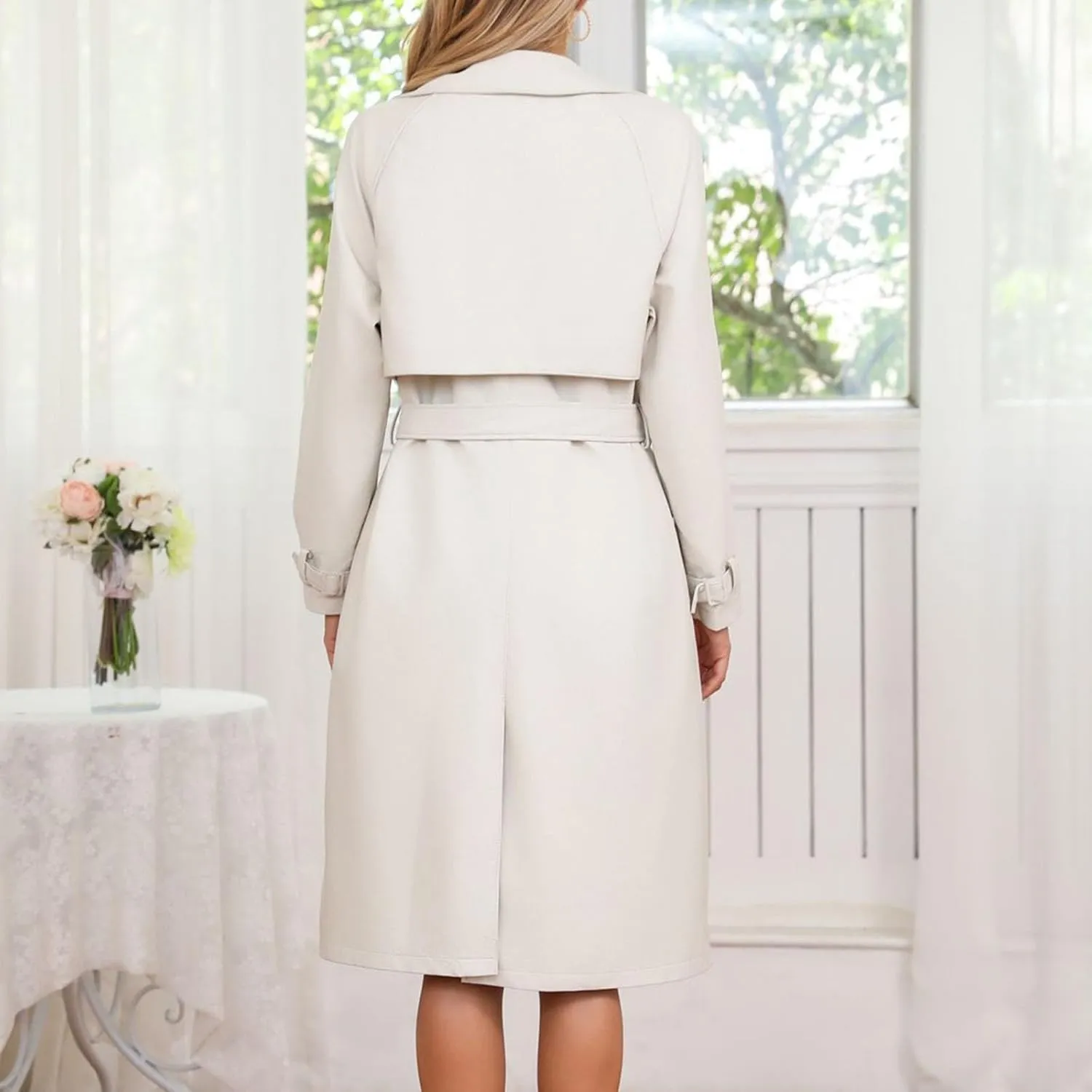 Womens Solid Color Trench Coat Long Buttons Belted Casual Jackets Long Sleeve Leather Motorcycle Cardigan Overcoats