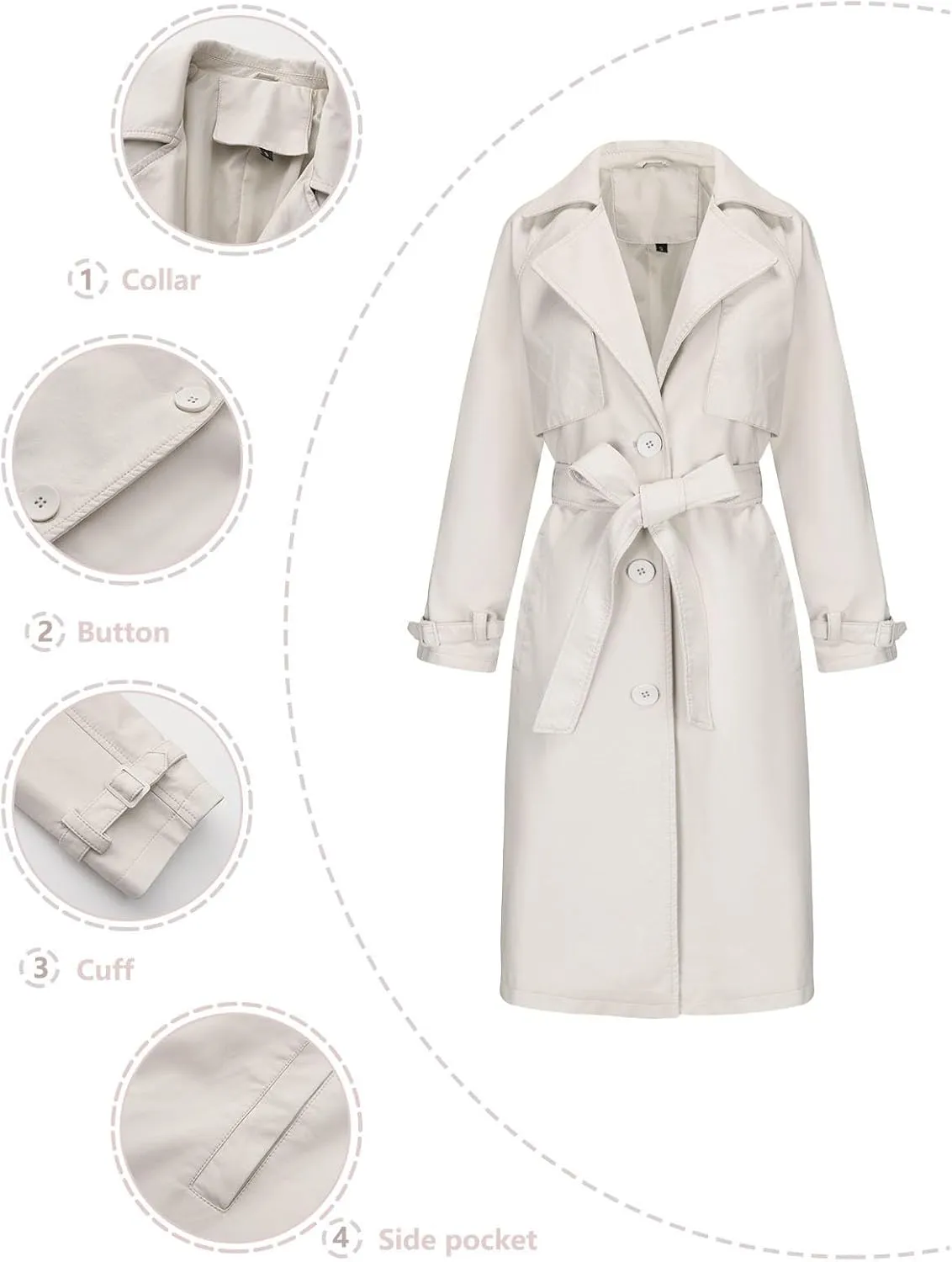 Womens Solid Color Trench Coat Long Buttons Belted Casual Jackets Long Sleeve Leather Motorcycle Cardigan Overcoats