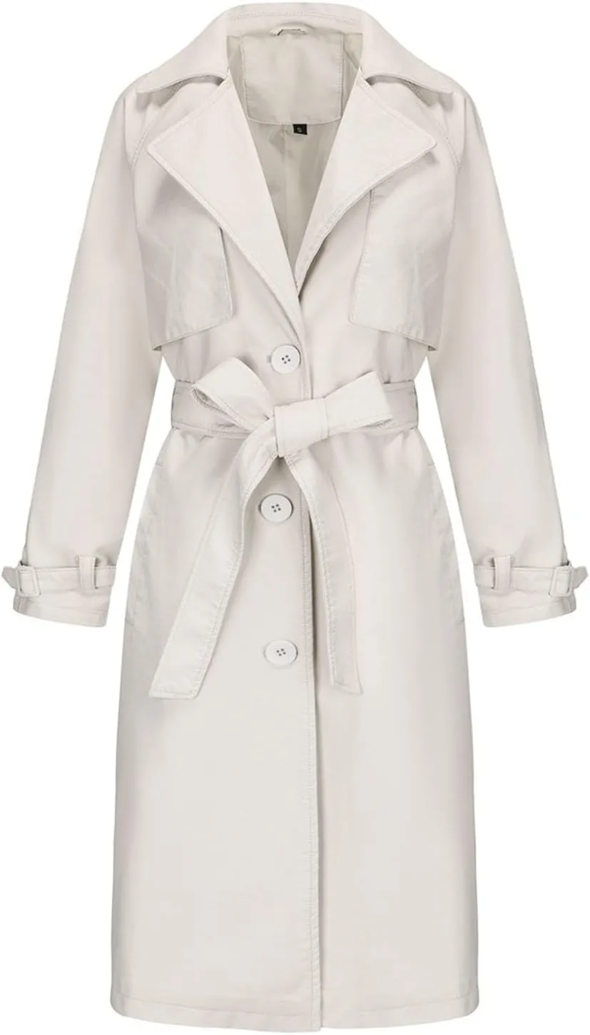 Womens Solid Color Trench Coat Long Buttons Belted Casual Jackets Long Sleeve Leather Motorcycle Cardigan Overcoats