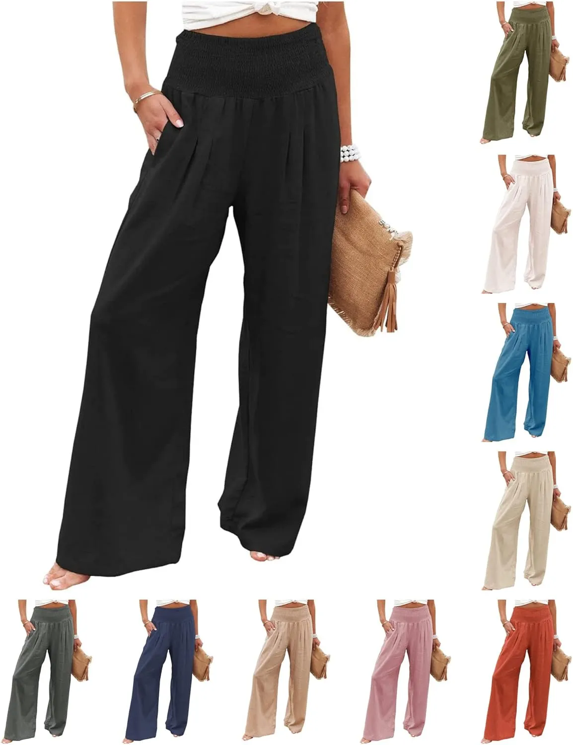 Women's Spring Summer Linen Pants Cool Wide Leg Pants Casual High Waisted Palazzo Pants Lounge Trousers with Pockets