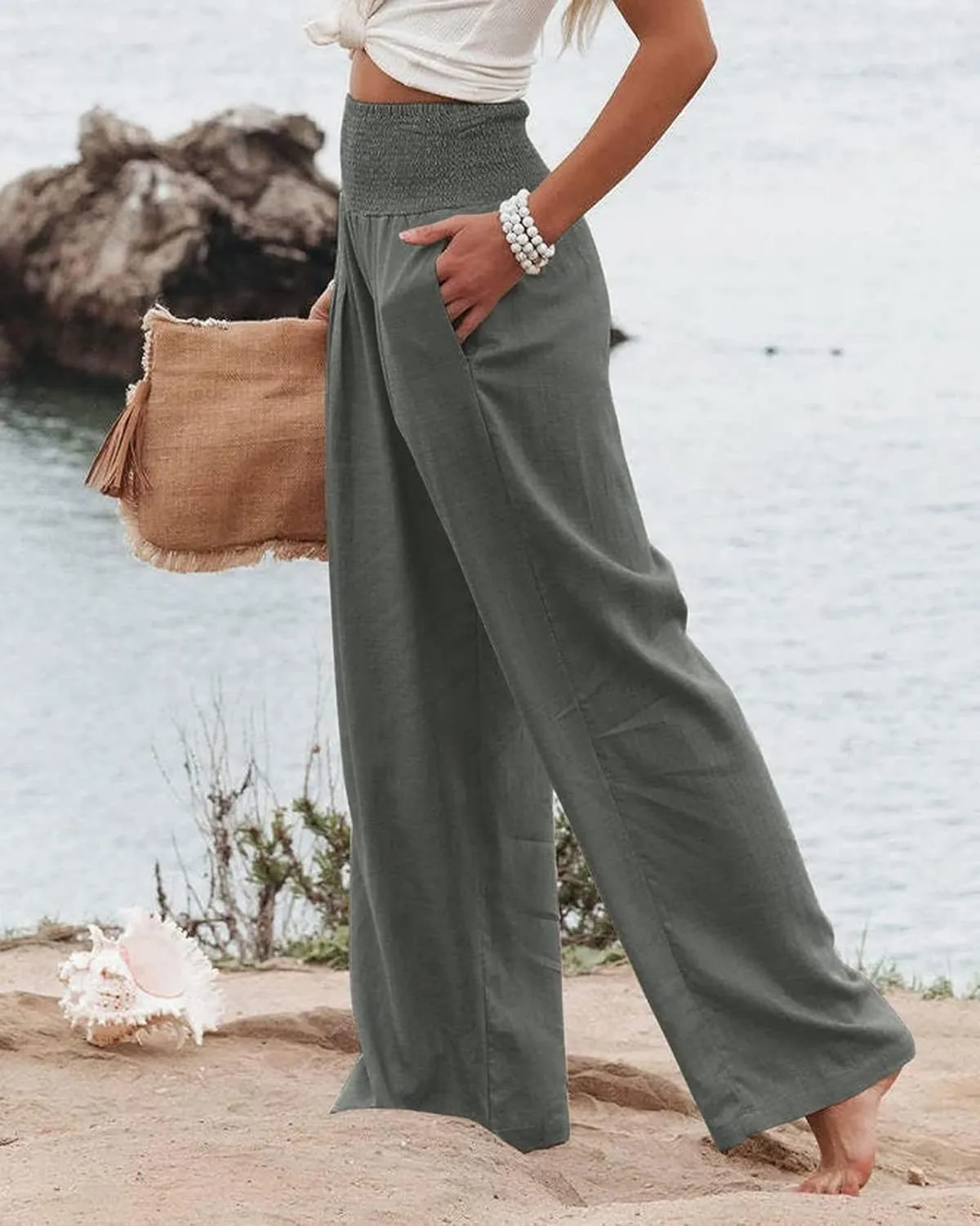 Women's Spring Summer Linen Pants Cool Wide Leg Pants Casual High Waisted Palazzo Pants Lounge Trousers with Pockets