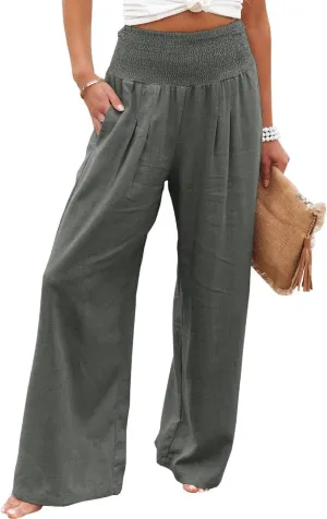 Women's Spring Summer Linen Pants Cool Wide Leg Pants Casual High Waisted Palazzo Pants Lounge Trousers with Pockets