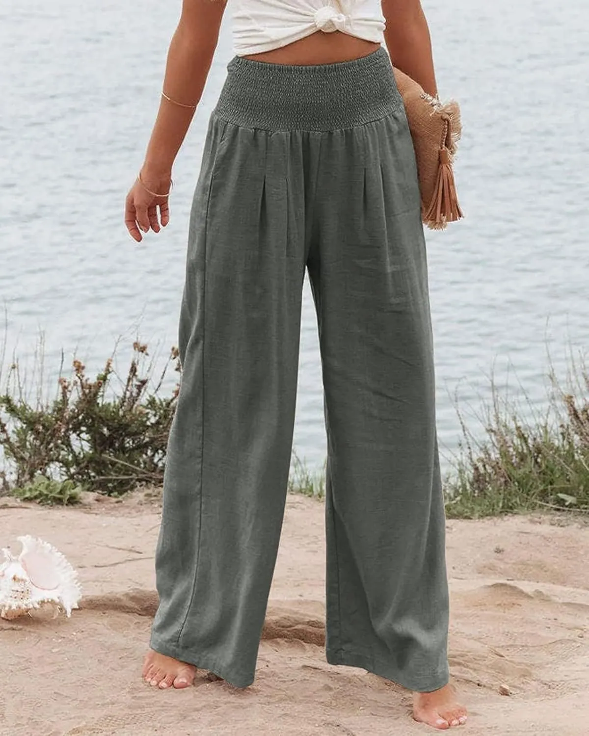 Women's Spring Summer Linen Pants Cool Wide Leg Pants Casual High Waisted Palazzo Pants Lounge Trousers with Pockets