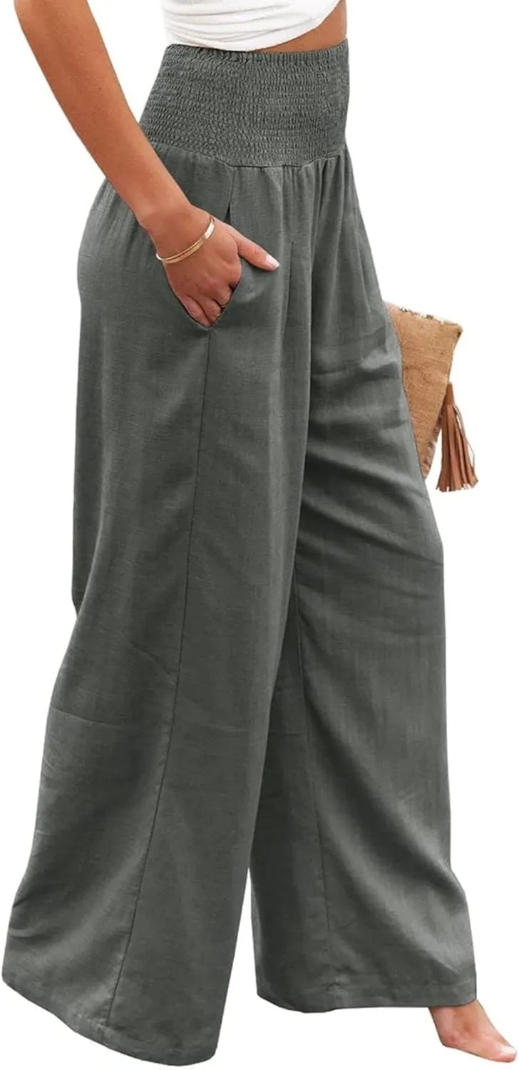 Women's Spring Summer Linen Pants Cool Wide Leg Pants Casual High Waisted Palazzo Pants Lounge Trousers with Pockets