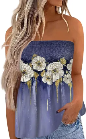 Womens Strapless Bandeau Tank Tops Tube Tops Floral Tanks Smocked Ruffled Backless Casual Bandeau Sleeveless Shirts