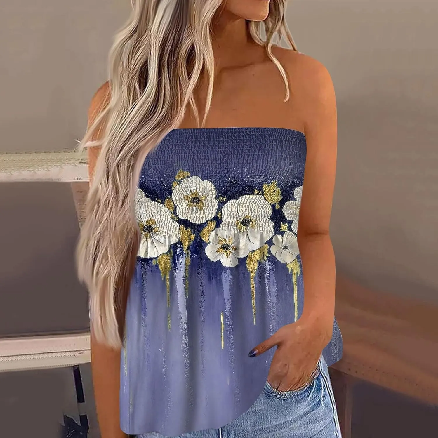 Womens Strapless Bandeau Tank Tops Tube Tops Floral Tanks Smocked Ruffled Backless Casual Bandeau Sleeveless Shirts