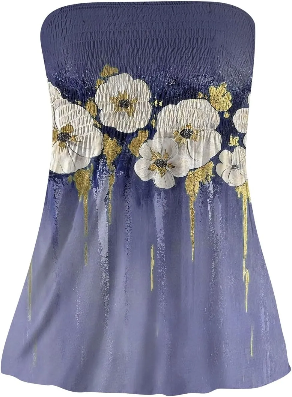 Womens Strapless Bandeau Tank Tops Tube Tops Floral Tanks Smocked Ruffled Backless Casual Bandeau Sleeveless Shirts