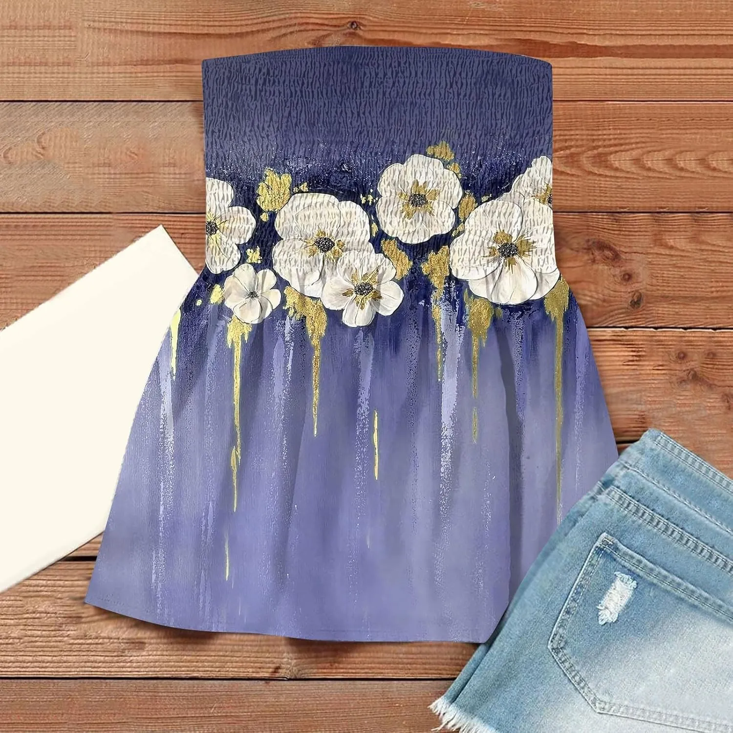 Womens Strapless Bandeau Tank Tops Tube Tops Floral Tanks Smocked Ruffled Backless Casual Bandeau Sleeveless Shirts