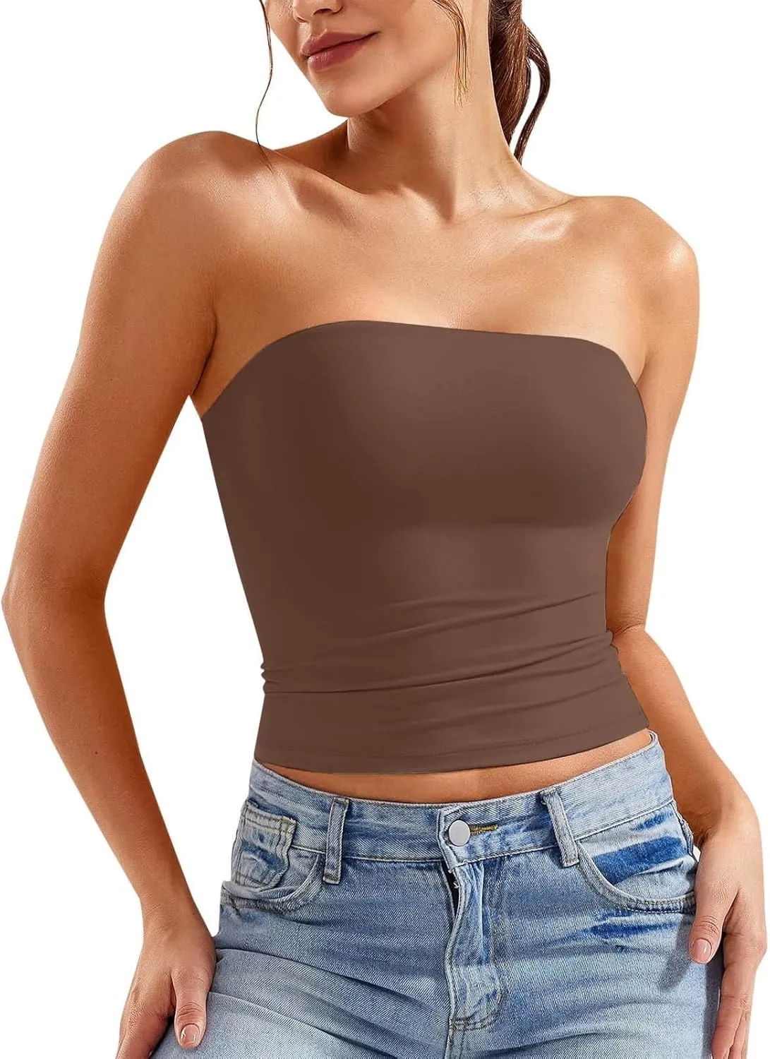 Womens Strapless Tube Tops Sexy Sleeveless Backless Bandeau Shirts Going Out Crop Top Cute 2025 Summer Clothes