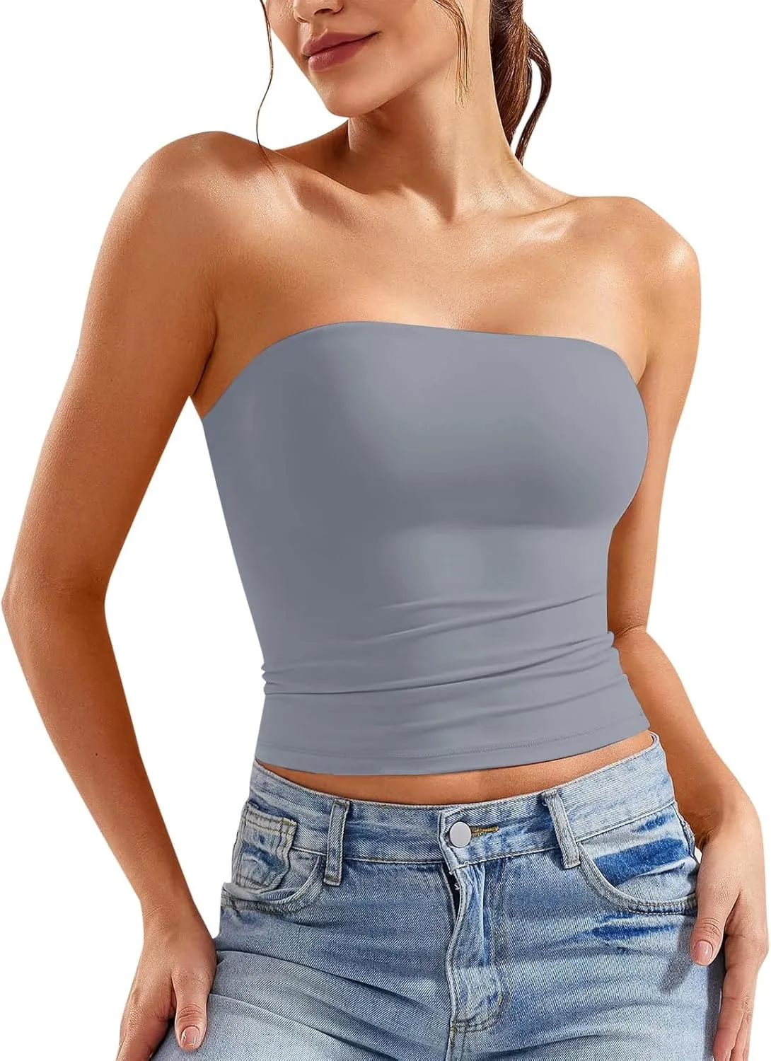 Womens Strapless Tube Tops Sexy Sleeveless Backless Bandeau Shirts Going Out Crop Top Cute 2025 Summer Clothes