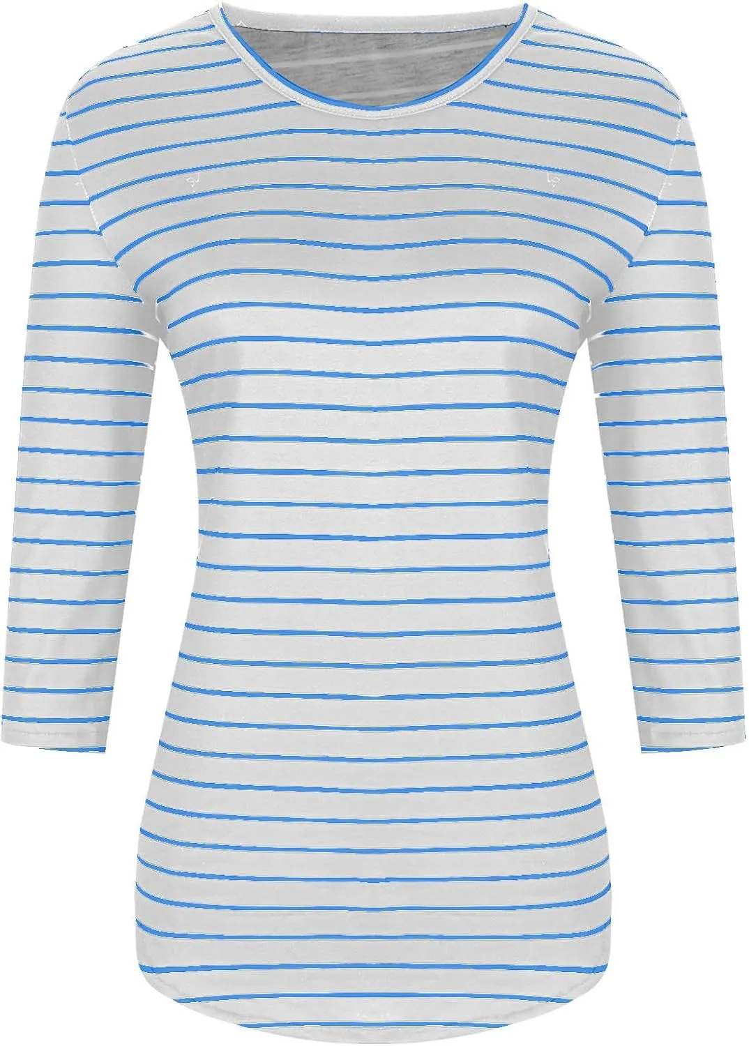 Womens Striped 3/4 Sleeve T-Shirt Comfy Crewneck Curved Hem Tunic Tops Summer Fashion Casual Fitted Soft Blouses