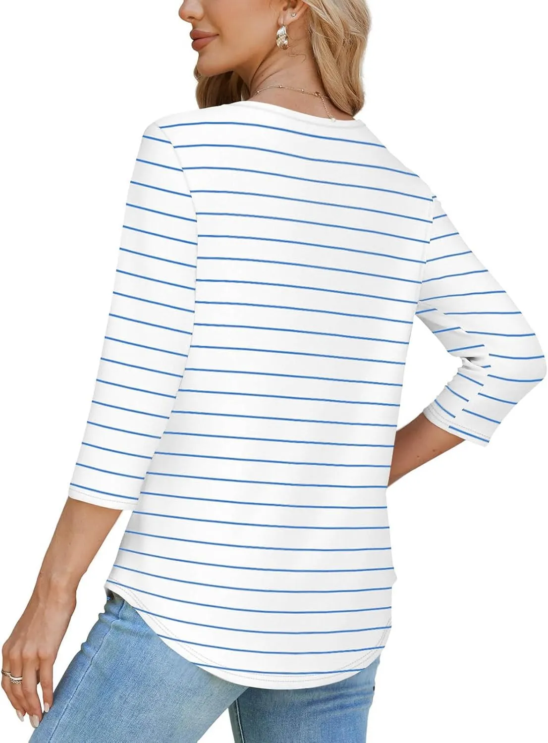 Womens Striped 3/4 Sleeve T-Shirt Comfy Crewneck Curved Hem Tunic Tops Summer Fashion Casual Fitted Soft Blouses