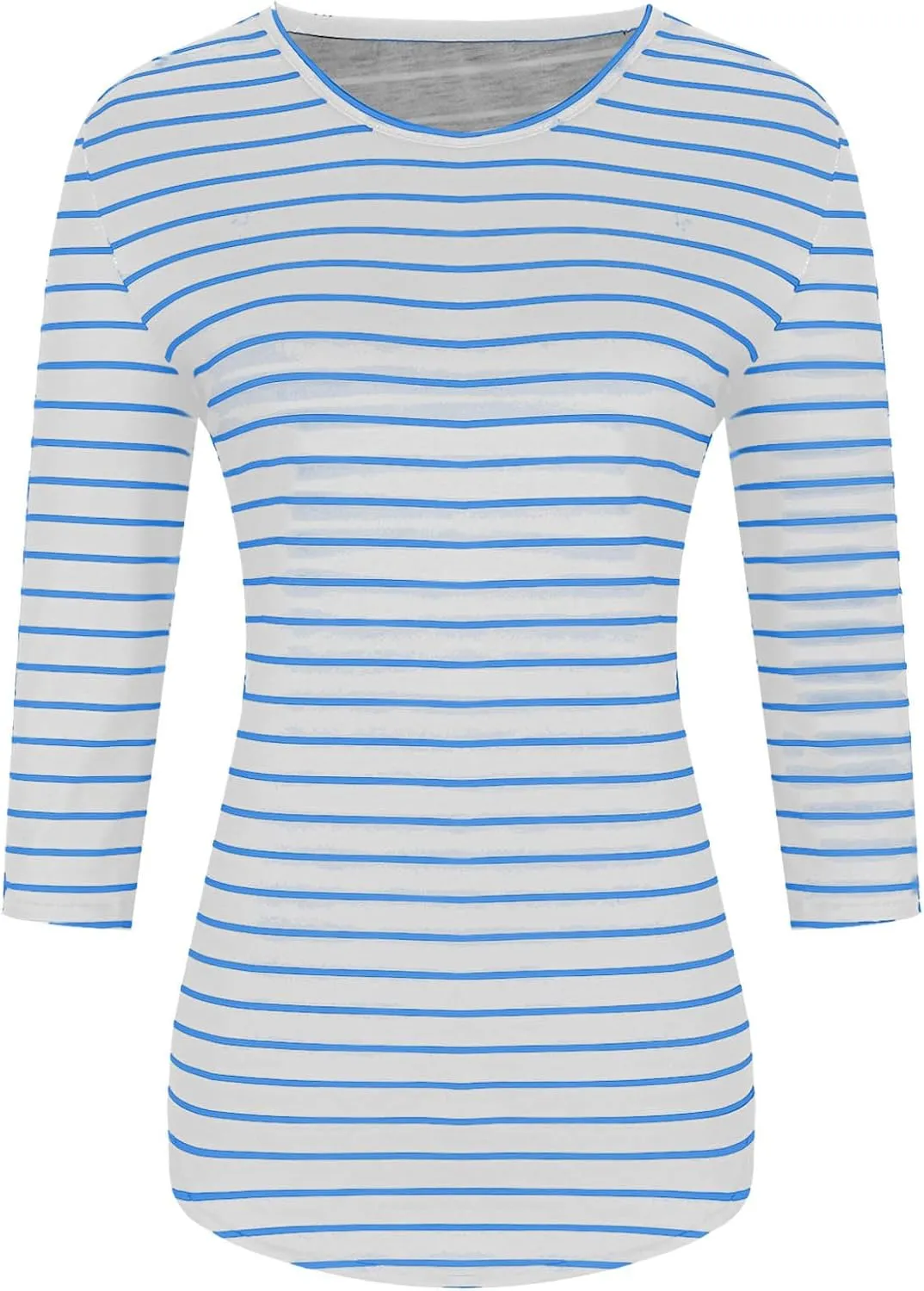 Womens Striped 3/4 Sleeve T-Shirt Comfy Crewneck Curved Hem Tunic Tops Summer Fashion Casual Fitted Soft Blouses