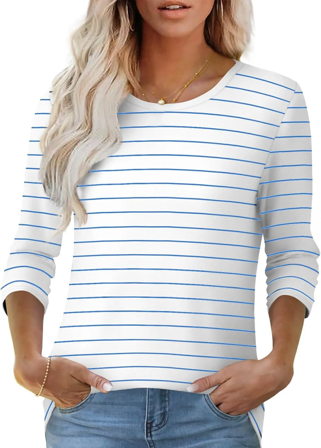 Womens Striped 3/4 Sleeve T-Shirt Comfy Crewneck Curved Hem Tunic Tops Summer Fashion Casual Fitted Soft Blouses