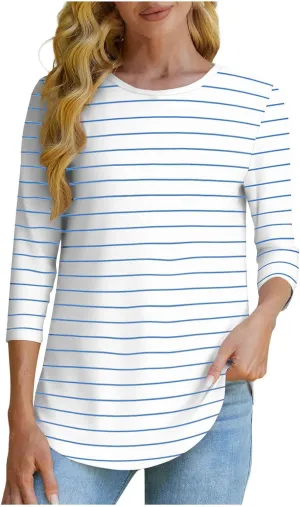 Womens Striped 3/4 Sleeve T-Shirt Comfy Crewneck Curved Hem Tunic Tops Summer Fashion Casual Fitted Soft Blouses