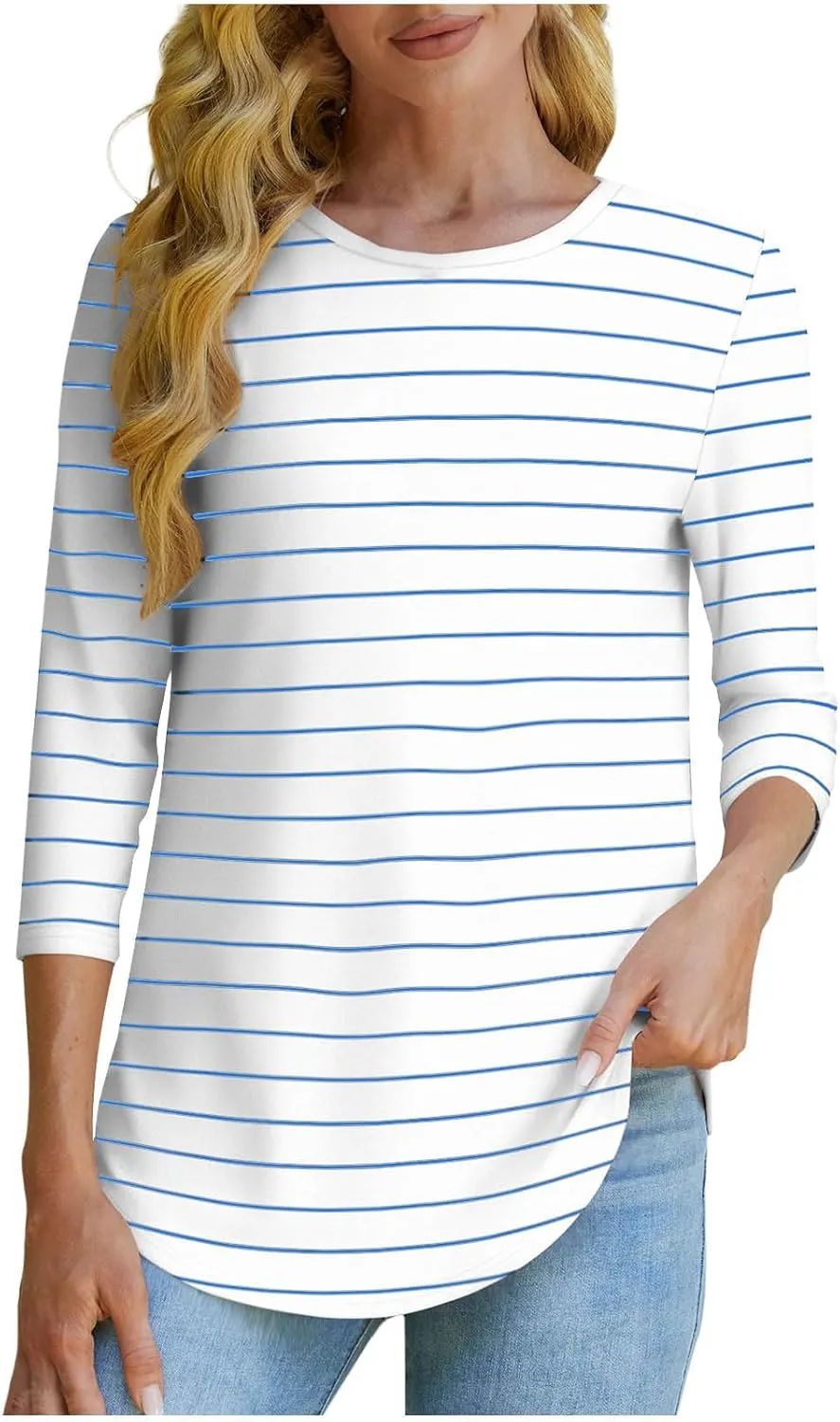 Womens Striped 3/4 Sleeve T-Shirt Comfy Crewneck Curved Hem Tunic Tops Summer Fashion Casual Fitted Soft Blouses