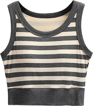 Womens Striped Tank Tops with Built in Bra Sexy Crop Padded Preppy Yoga Shirts Vintage Color Block Sleeveless Tees