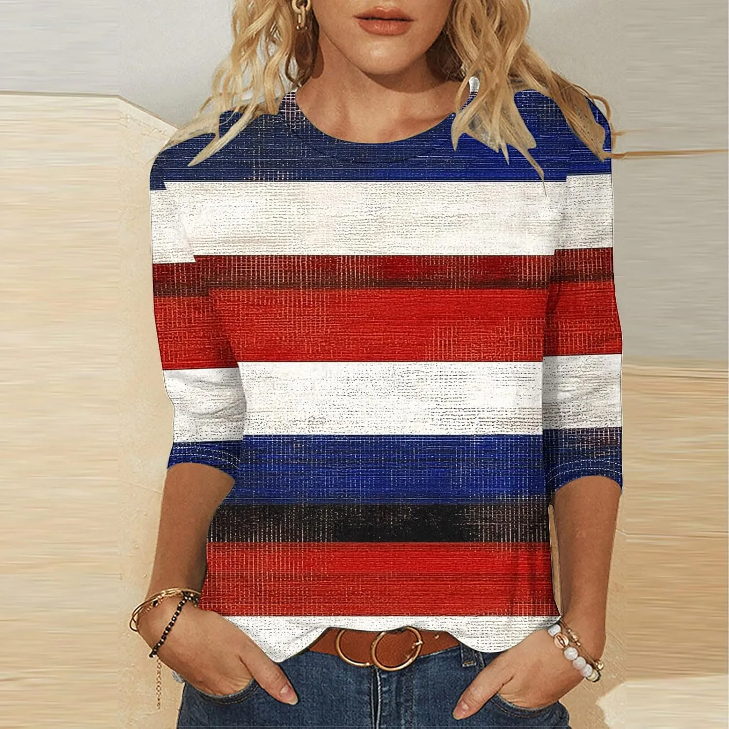 Womens Striped Tops Color Block Shirts Plus Size Casual Loose Fit Crewneck Tshirts Spring Summer 3/4 Sleeve Tees