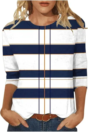 Womens Striped Tops Color Block Shirts Plus Size Casual Loose Fit Crewneck Tshirts Spring Summer 3/4 Sleeve Tees