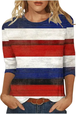 Womens Striped Tops Color Block Shirts Plus Size Casual Loose Fit Crewneck Tshirts Spring Summer 3/4 Sleeve Tees