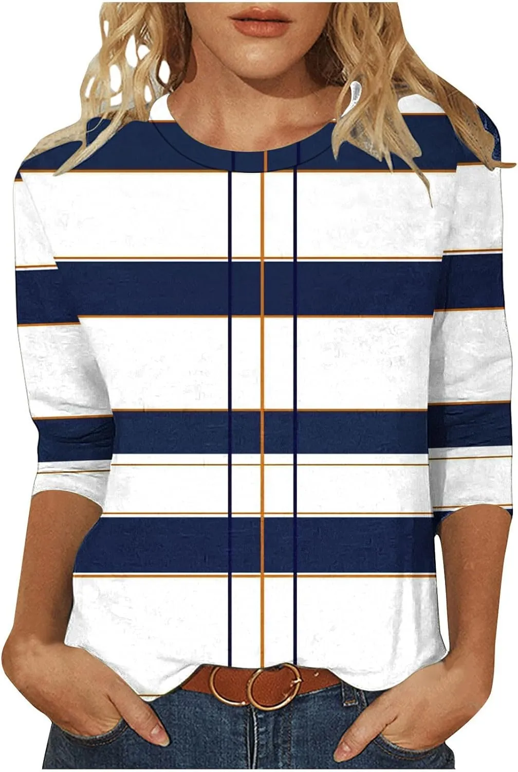 Womens Striped Tops Color Block Shirts Plus Size Casual Loose Fit Crewneck Tshirts Spring Summer 3/4 Sleeve Tees
