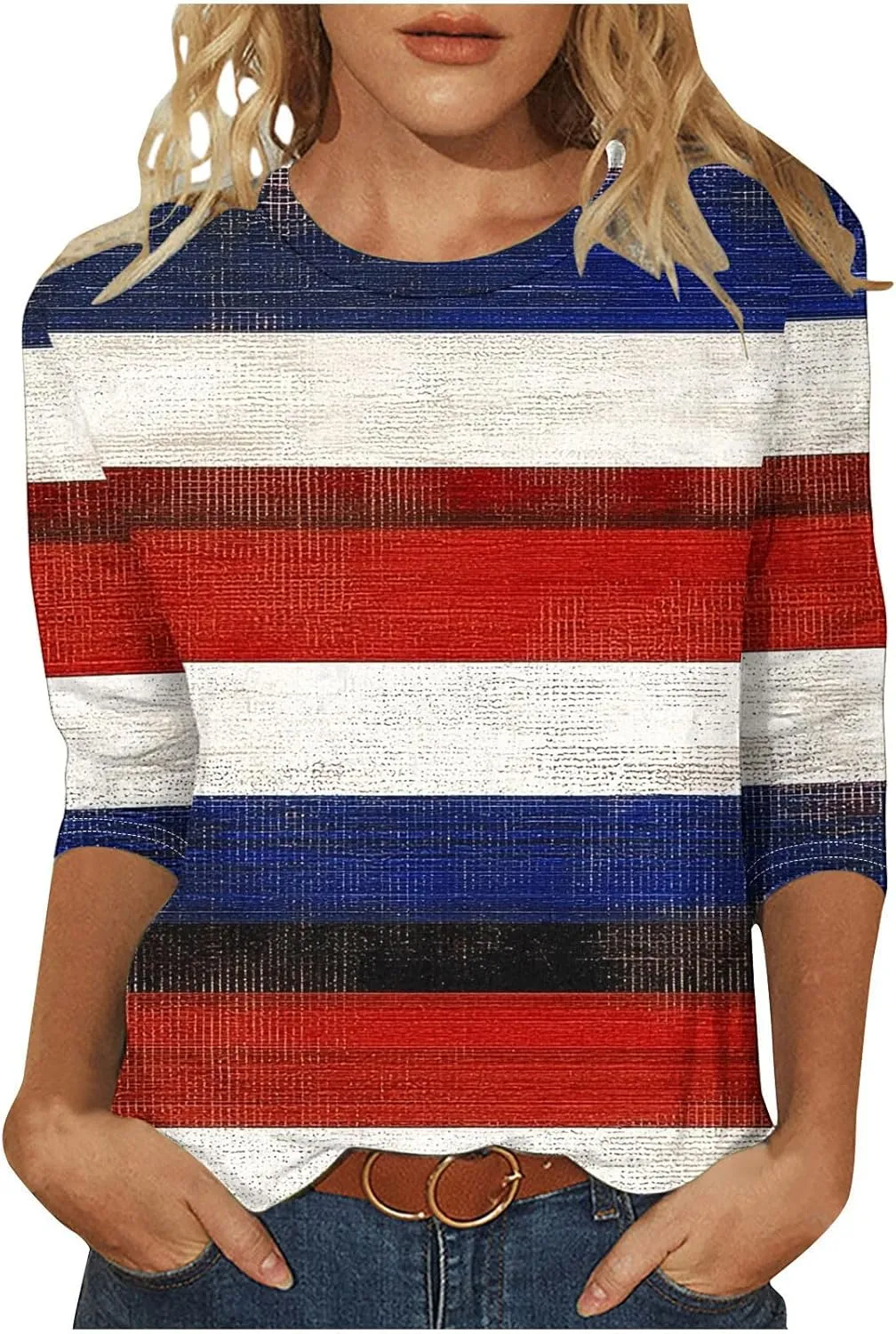 Womens Striped Tops Color Block Shirts Plus Size Casual Loose Fit Crewneck Tshirts Spring Summer 3/4 Sleeve Tees