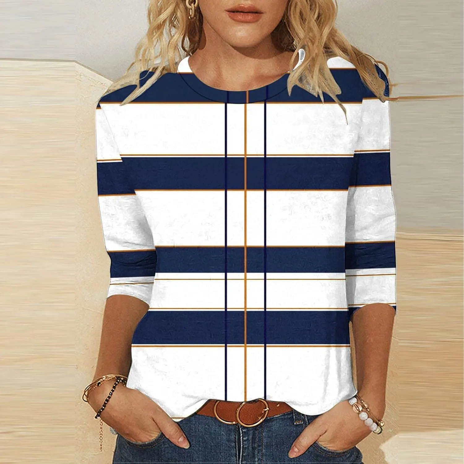 Womens Striped Tops Color Block Shirts Plus Size Casual Loose Fit Crewneck Tshirts Spring Summer 3/4 Sleeve Tees