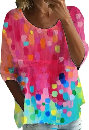 Women's Summer Boho Floral 3/4 Sleeve Tunic Top Flowy Casual Loose Cute Plus Size Pleated Blouse Shirts Dark Shirt