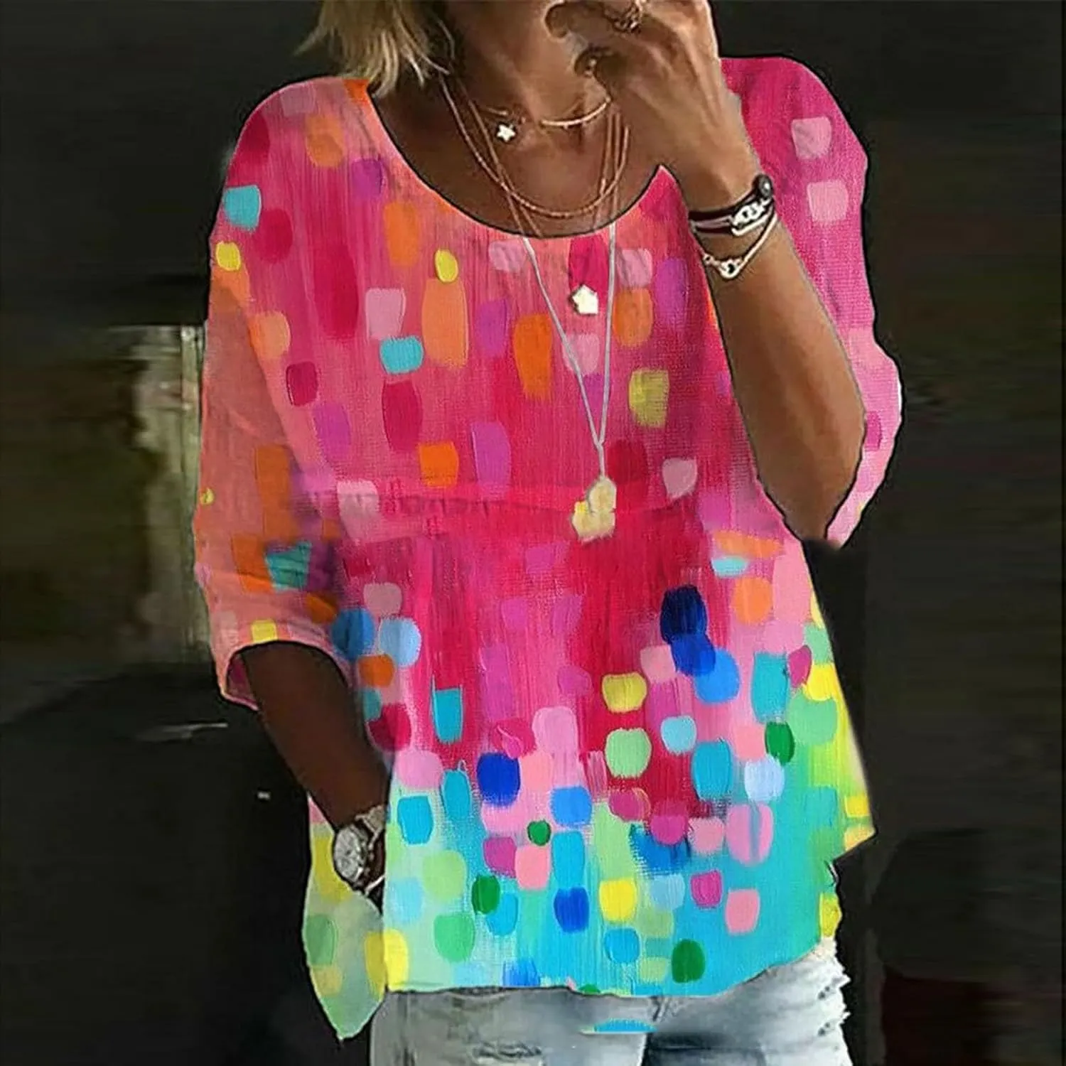 Women's Summer Boho Floral 3/4 Sleeve Tunic Top Flowy Casual Loose Cute Plus Size Pleated Blouse Shirts Dark Shirt