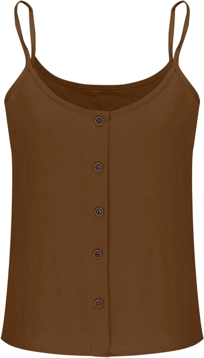 Womens Summer Cotton Linen Spaghetti Strap Tank Top V Neck Sleeveless Camisole Casual Loose Button Shirts Crop Tops