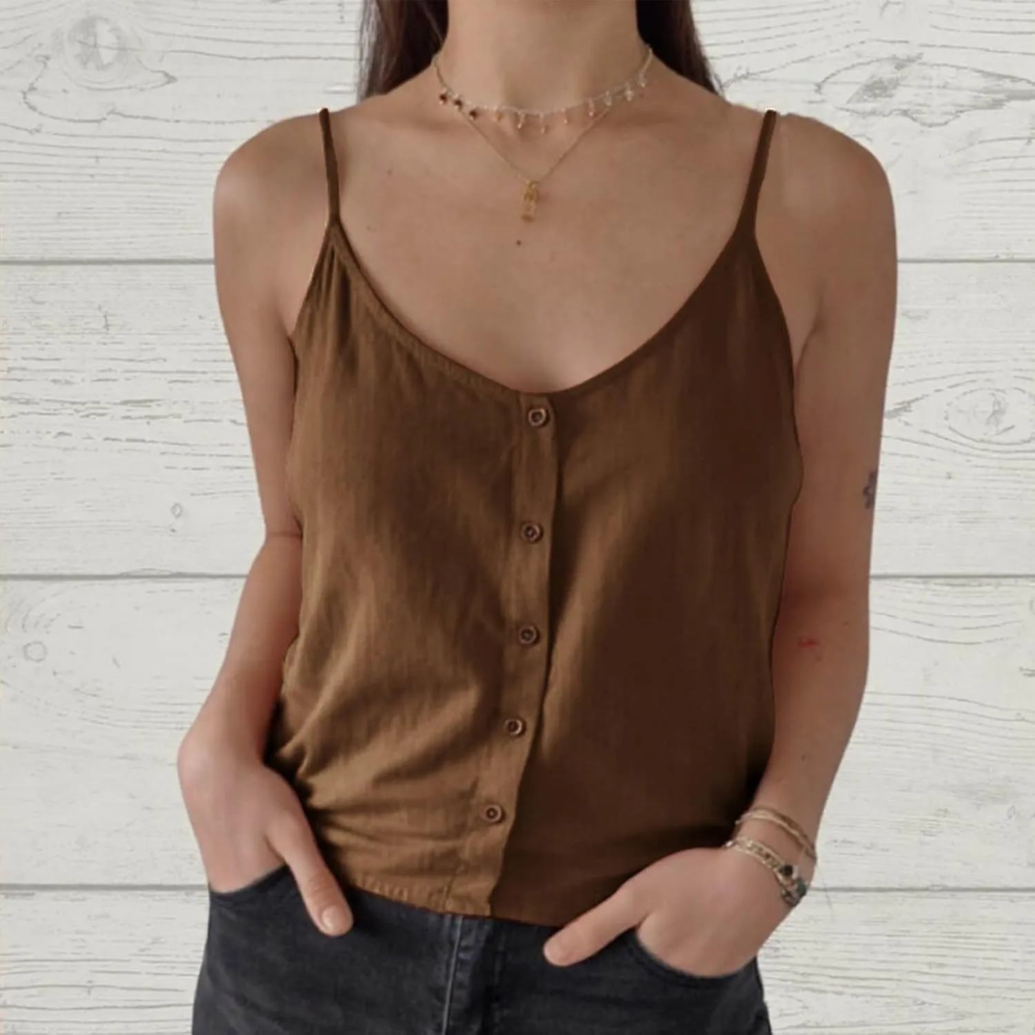 Womens Summer Cotton Linen Spaghetti Strap Tank Top V Neck Sleeveless Camisole Casual Loose Button Shirts Crop Tops