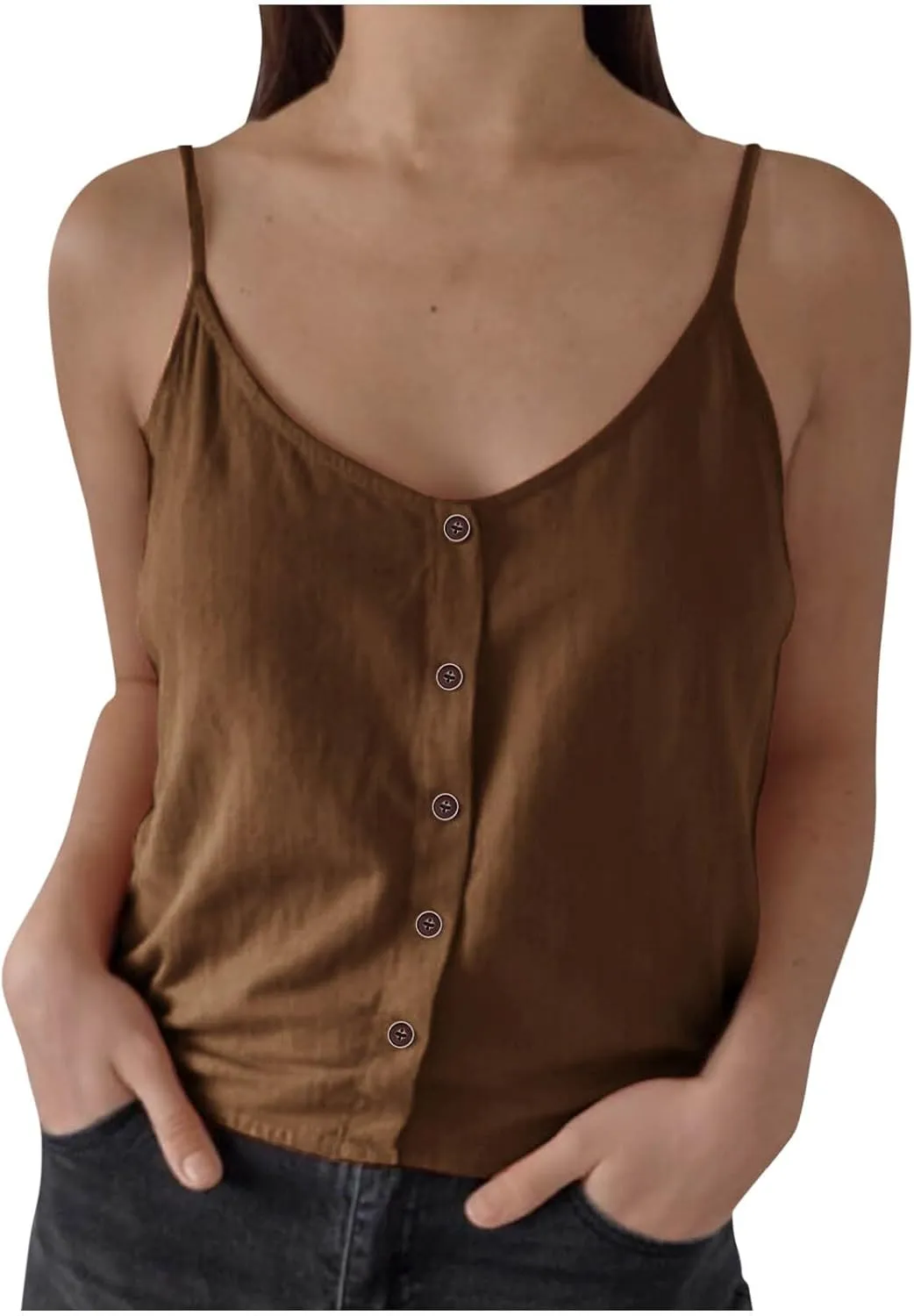 Womens Summer Cotton Linen Spaghetti Strap Tank Top V Neck Sleeveless Camisole Casual Loose Button Shirts Crop Tops