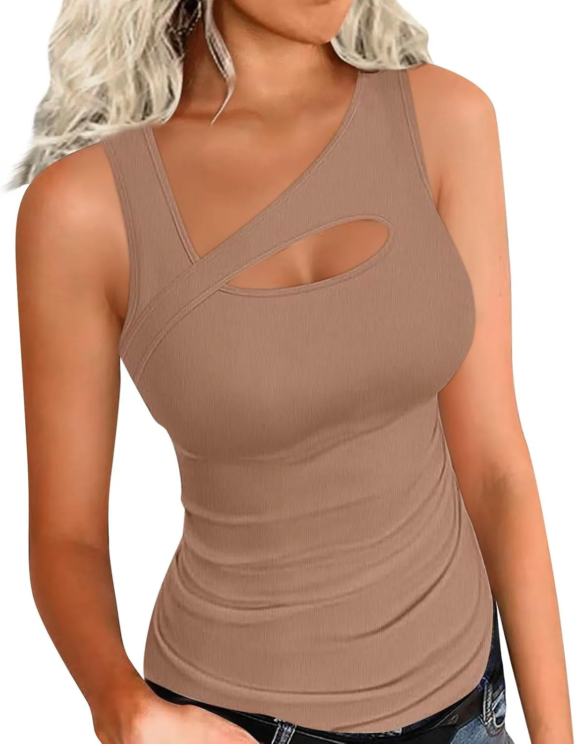 Womens Summer Cutout Tank Tops Ribbed Knit Sleeveless Shirts Slim Fitted Tanks Y2K Sexy Basic Tee Shirt Outfits
