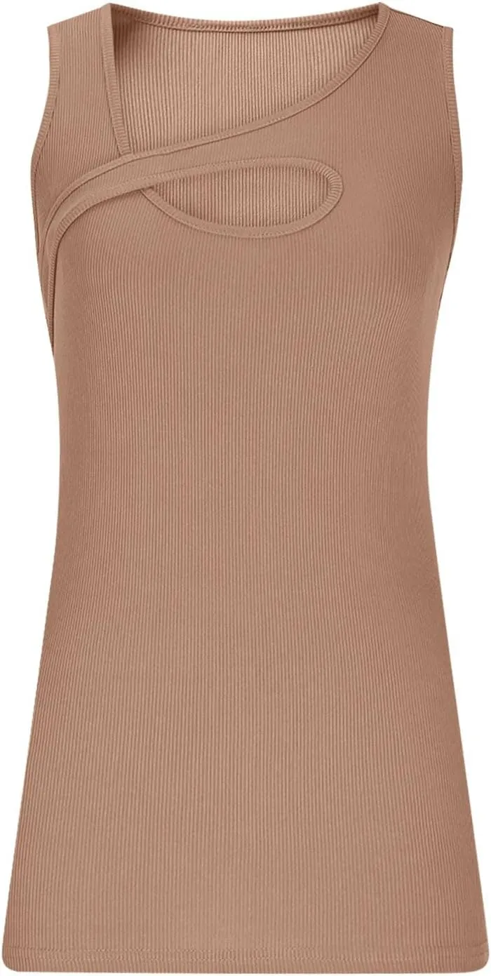 Womens Summer Cutout Tank Tops Ribbed Knit Sleeveless Shirts Slim Fitted Tanks Y2K Sexy Basic Tee Shirt Outfits