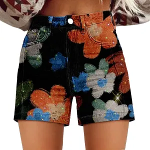 Women's Summer Denim Shorts Mid Waisted Stretchy Casual ArtRetro Printed Floral Workout Outfits Jean with Pockets