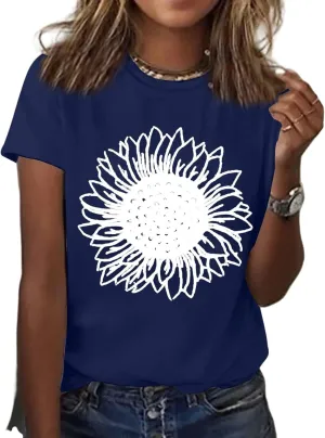 Womens Sunflower T Shirt Summer Novelty Cute Flower Graphic Loose Fit Tees Classic Crew Neck Short Sleeve Casual Tops