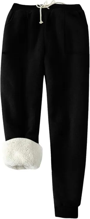 Womens Sweatpants Fleece Sherpa Lined Sweatpant with Pocket Winter Warm Joggers Drawstring Elastic Waist Sports Pants B-Black