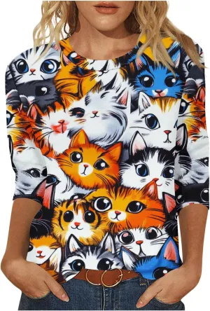Women's T Shirts with Cat Printed Summer Tops 3/4 Sleeve Vacation Trendy Casual Loose Cute Hoilday Blouse Tee