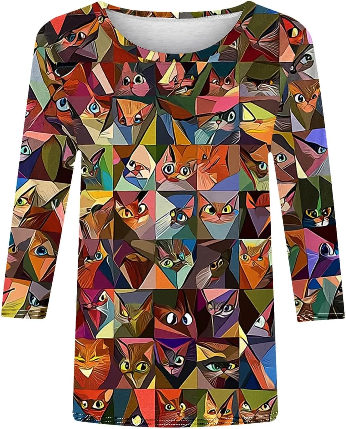 Women's T Shirts with Cat Printed Summer Tops 3/4 Sleeve Vacation Trendy Casual Loose Cute Hoilday Blouse Tee