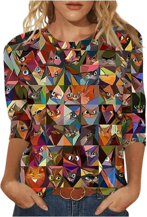 Women's T Shirts with Cat Printed Summer Tops 3/4 Sleeve Vacation Trendy Casual Loose Cute Hoilday Blouse Tee