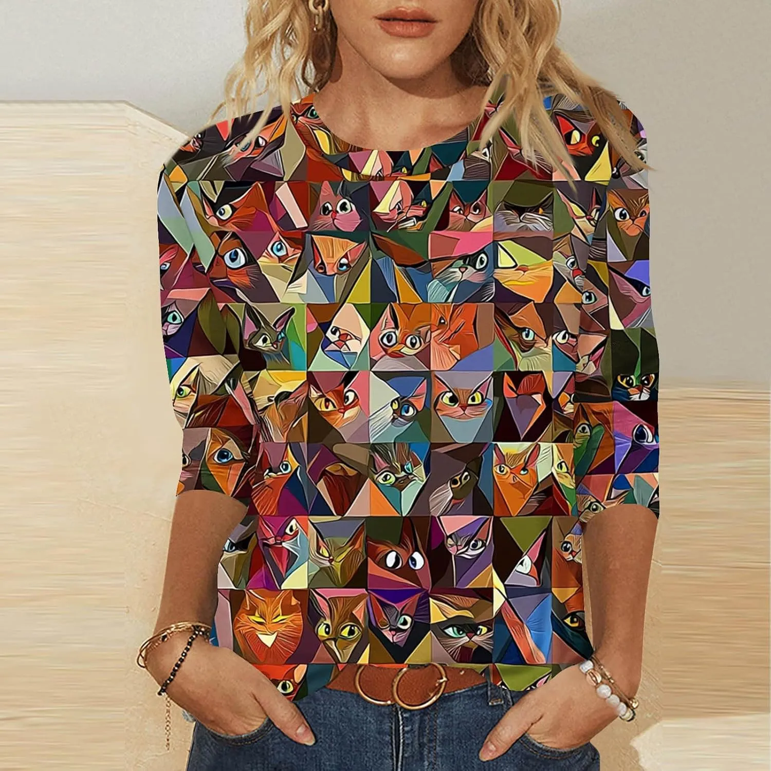Women's T Shirts with Cat Printed Summer Tops 3/4 Sleeve Vacation Trendy Casual Loose Cute Hoilday Blouse Tee