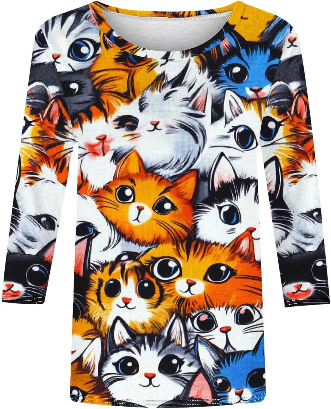 Women's T Shirts with Cat Printed Summer Tops 3/4 Sleeve Vacation Trendy Casual Loose Cute Hoilday Blouse Tee