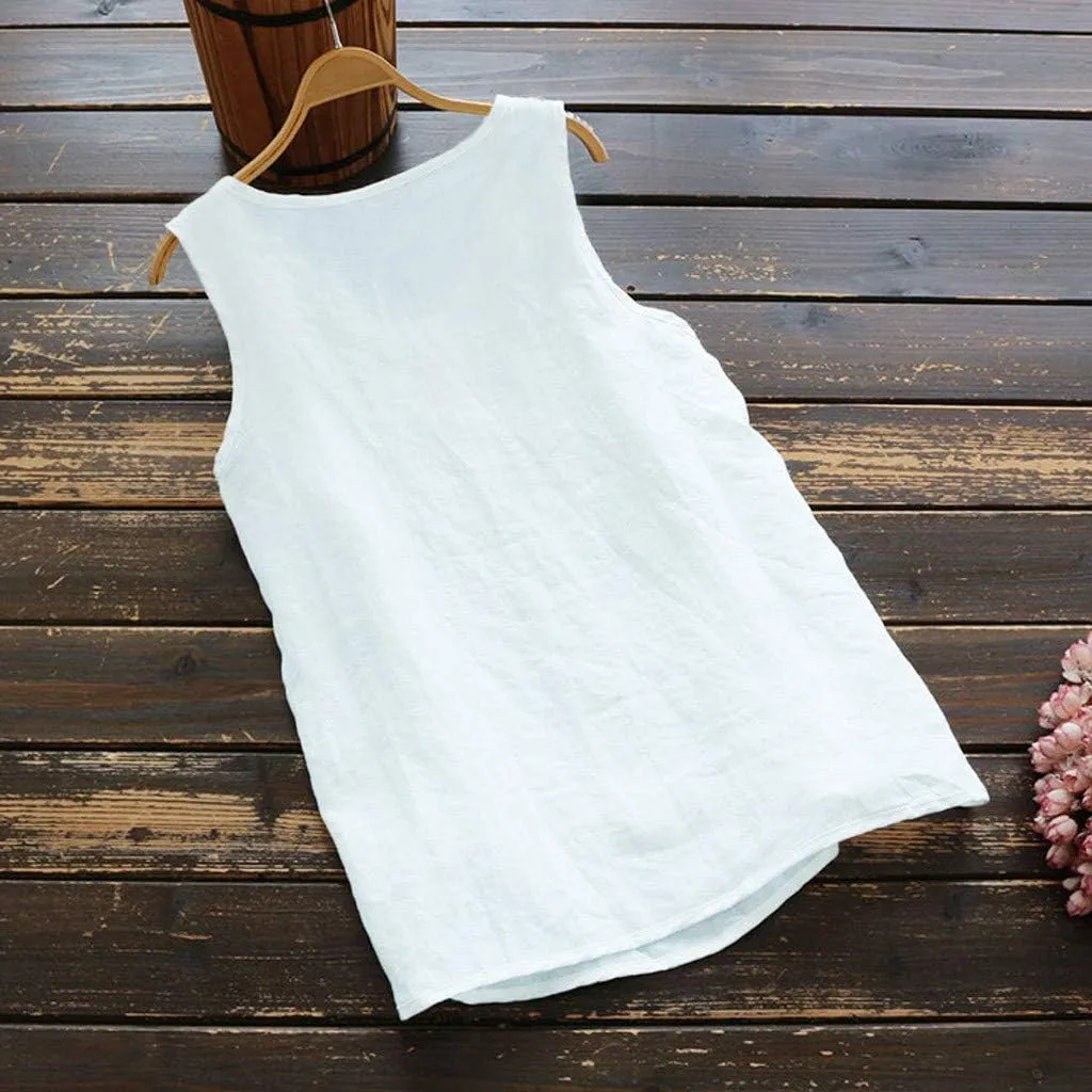 Womens Tank Top Plus Size Loose Casual Cotton Linen Solid Color T Shirts Scoop Neck Sleeveless Blouses for Women