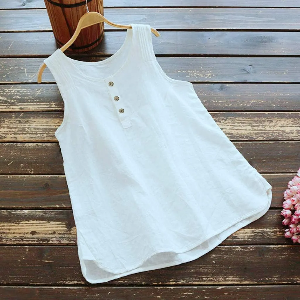 Womens Tank Top Plus Size Loose Casual Cotton Linen Solid Color T Shirts Scoop Neck Sleeveless Blouses for Women