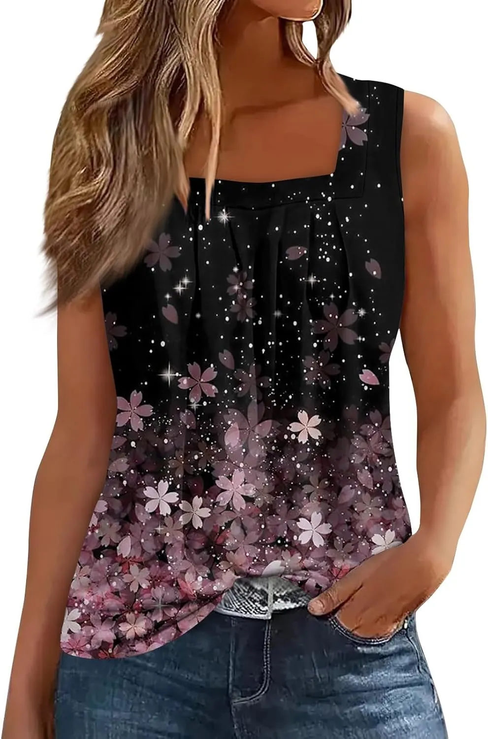 Womens Tank Tops Ruffled Square Neck Printed Shirts 2025 Summer Casual Loose Fit Sleeveless Cute Tanks Tee for Women