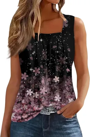 Womens Tank Tops Ruffled Square Neck Printed Shirts 2025 Summer Casual Loose Fit Sleeveless Cute Tanks Tee for Women